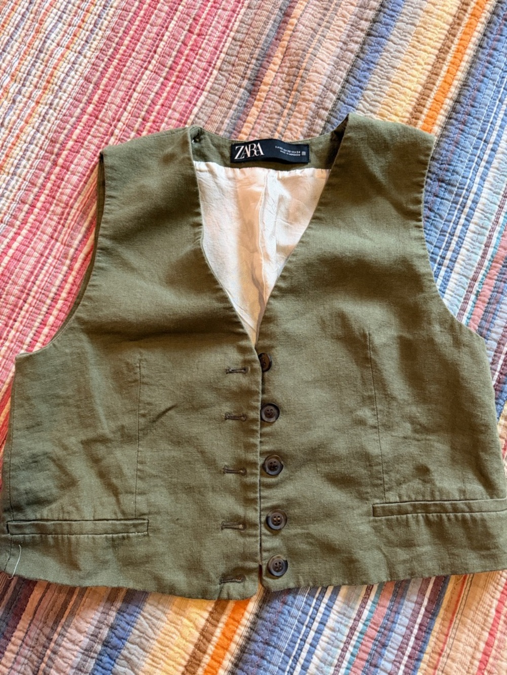 ZARA Olive Green Button-Front Linen-Blend Vest
